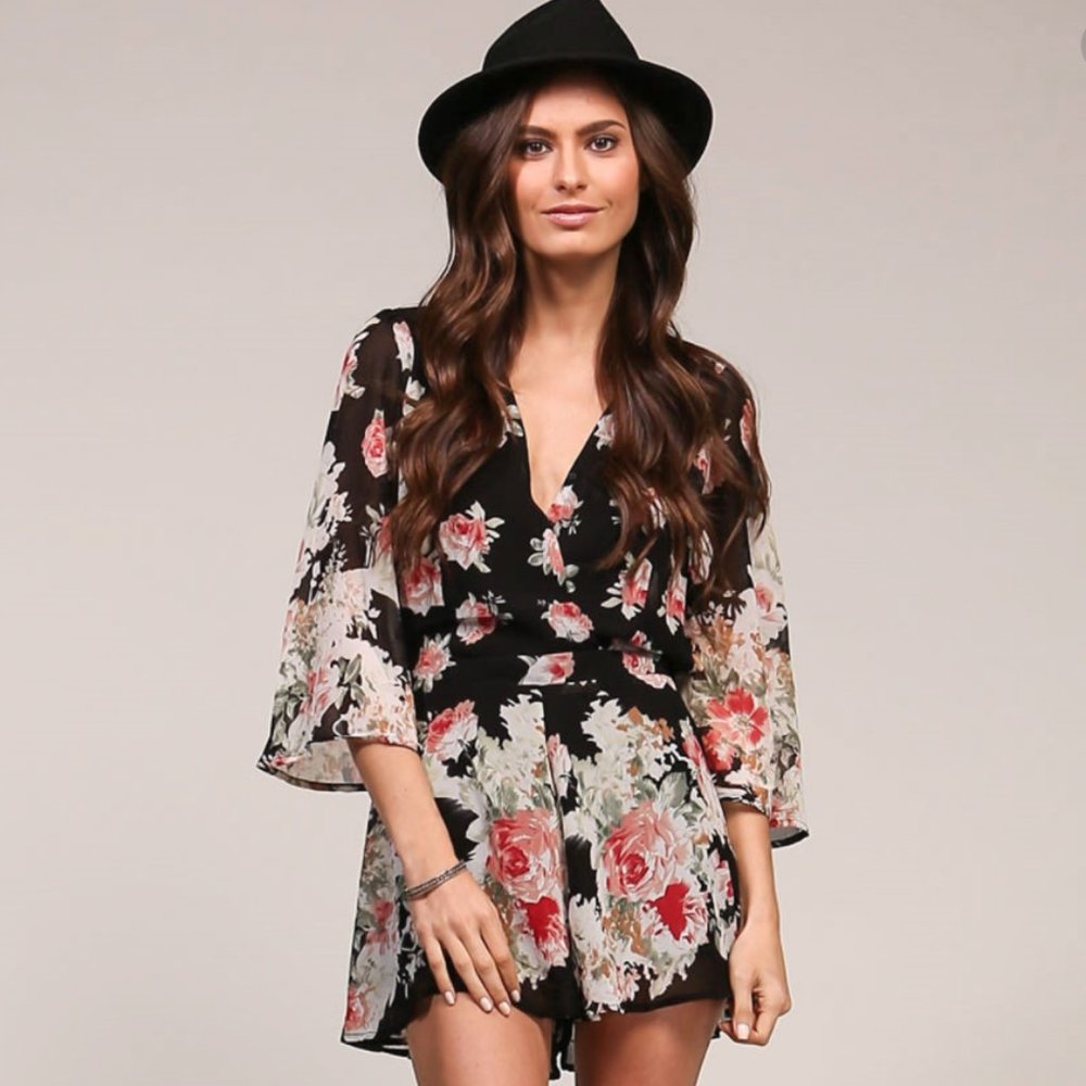 Uniq M Palermo Rose Romper Black Floral Semi Sheer